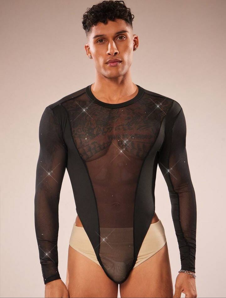 Men's Round Neck Long Sleeve Mesh Patchwork Sheer Bodysuit